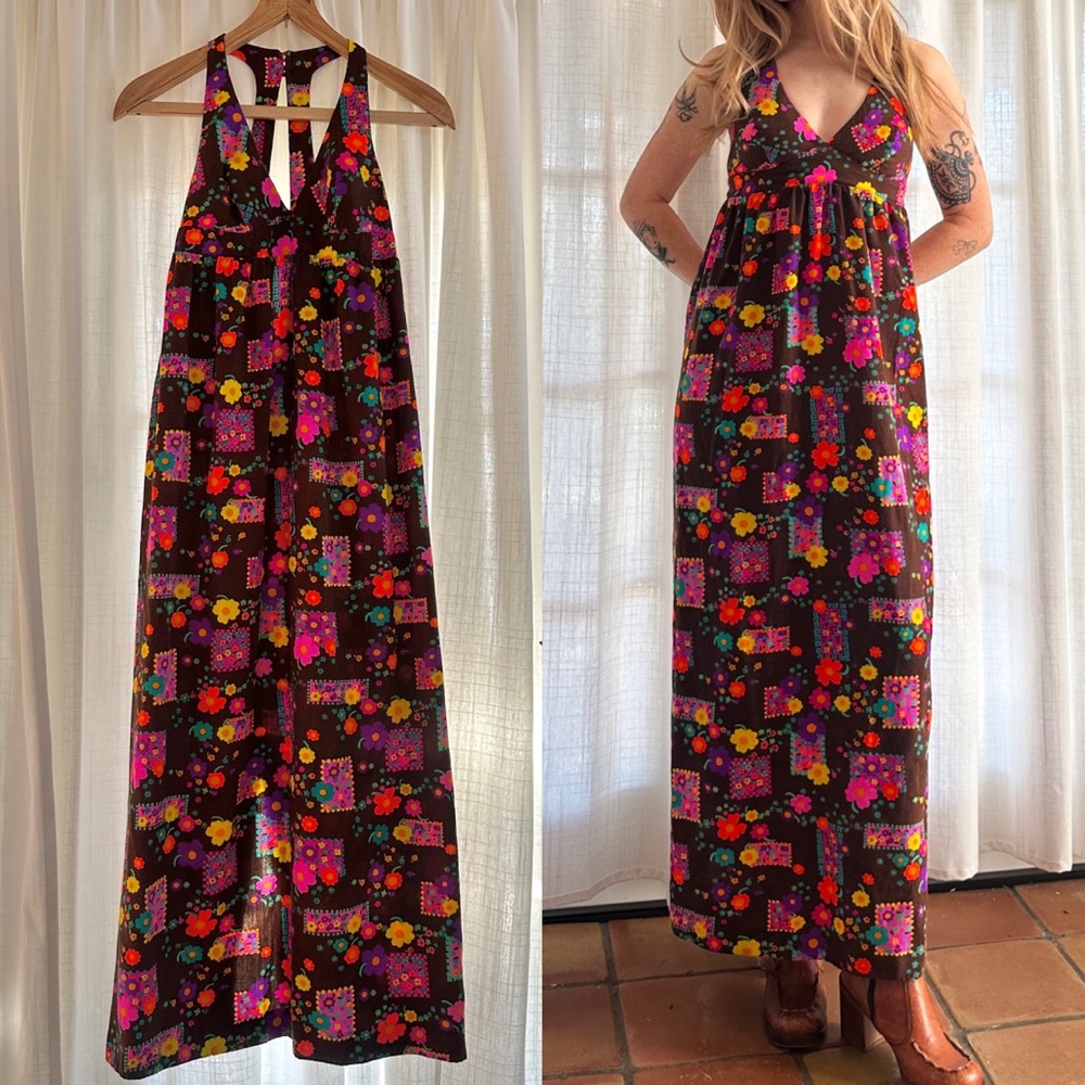 Vintage 60s Flower Power Mod Boho Babydoll Maxi Dress Size Xs